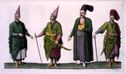 Bostandji, Khasseki und weitere Beispiele osmanischer Tracht, Tafel 5 aus Teil III, Band I der „Geschichte der Nationen“, gestochen von V. Raineri