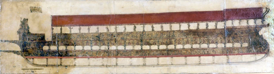 Bucentaur (BUCENTORO), eine venezianische Zeremoniengalere, die jedes Jahr vom Dogen von Venedig am Himmelfahrtstag benutzt wird. Er warf bei dieser Gelegenheit einen goldenen Ring ins Meer, was seine Ehe mit dem Meer symbolisierte. 1719.