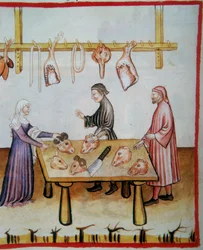 Schlachten von Tierköpfen. Illumination aus dem Codex Vindobonensis Series Nova 2644 (fol.76v), Tacuinum Sanitatis