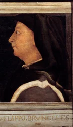 Cassone mit 5 Porträts des Meisters der florentinischen Renaissance (Detail) mit dem Porträt von Brunelleschi Filippo (1377-1446). Italienische Schule des 16. Jahrhunderts. Die Inschrift darunter ist wahrscheinlich nachträglich. Musée du Louvre, Paris.