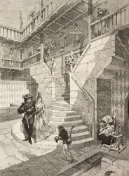 Schlosshof, mittelalterliches Dorf in Turin, Italien, Stich von Bonamore aus L
