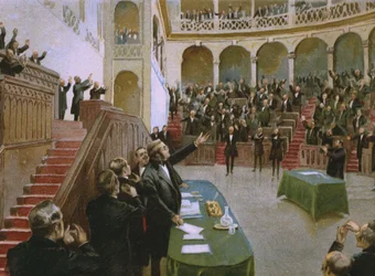 Cavour bringt das erste italienische Nationalparlament dazu, König Viktor Emanuel II. (1820-78) am 18. Februar 1861 Beifall zu spenden, Illustration aus einem Album über die Geschichte des Risorgimento, das für die Schokolade angefertigt wurde