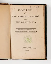 Code Napoléon des Großen für das Königreich Italien, aufgeschlagen auf der Titelseite, veröffentlicht in Florenz, Molini, Landi et Cie, 1806