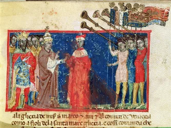 Codex Correr I 383 Doge Sebastiani Ziani erhält eine Petition von Papst Alexander III. (1159-81) und Kaiser Friedrich Barbarossa (ca. 1123-90)