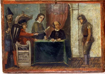 Verurteilung eines Bürgers in Anwesenheit des Richters und der Stadtvertreter 1273. Nationalarchiv, Siena.