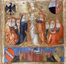 Krönung von Pius II. (Enea Silvio Piccolomini) (1405 bis 1464). Italienischer Papst (1458 - 1464). Unten liegt die befestigte Stadt Siena. Biccherna (Einband des Rechnungsregisters der Stadt Siena) von 1460. Nationalarchiv - Museo delle Tavolette di