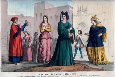 Kostüme in Siena zwischen dem XIII. und XIV. Jahrhundert - Kleidung in Siena zwischen dem XIII. und XIV. Jahrhundert - Gravur aus „Usi e Costumi di Tutti i Popoli dell