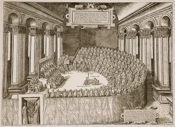 Konzil von Trient, 1563, aus einer Radierung, veröffentlicht in Venedig 1565, Illustration aus Die Kirche von England: Eine Geschichte für das Volk von H.D.M. Spence-Jones, veröffentlicht um 1910