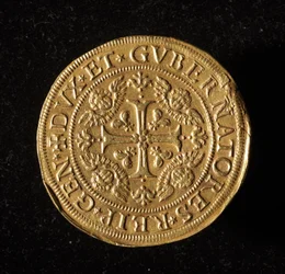 Währung der Republik Genua: 12,5 Gold-Doppie-Münze. Durchmesser 61 mm. 1656. Vorderseite. Genes Musei di Strada Nuova (inv. 6453)