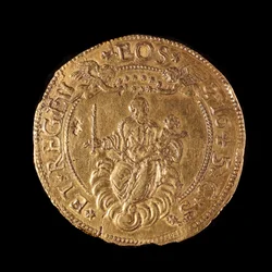 Währung der Republik Genua: 20 Gold-Doppie. Durchmesser 58 mm. 1645. Rückseite. Genua Musei di Strada Nuova