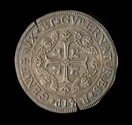 Währung der Republik Genua: ECU breit in Silber. Durchmesser 61 mm. 1693. Vorderseite. Genua Musei di Strada Nuova (inv, M7135)