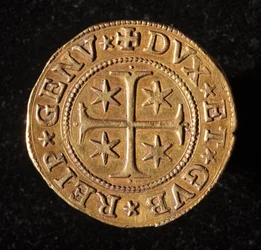 Währung der Republik Genua: fünf Gold-Doppie-Münze. Durchmesser 41 mm. 1642. Vorderseite. Genua Musei di Strada Nuova