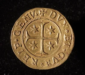 Währung der Republik Genua: fünf Gold-Doppie-Münze. Durchmesser 41 mm. 1652. Vorderseite. Genua Musei di Strada Nuova