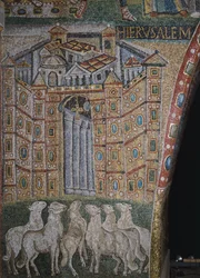 Detail aus Szenen von Christi erstem Kommen und Jesu Kindheit, Mosaik des Triumphbogens der Basilika Santa Maria Maggiore, Rom, Italien, 5. Jahrhundert