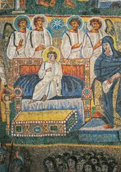 Detail aus Szenen von Christi erstem Kommen und Jesu Kindheit, Mosaik des Triumphbogens der Basilika Santa Maria Maggiore, Rom, Italien, 5. Jahrhundert