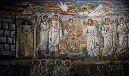 Detail aus Szenen von Christi erstem Kommen und Jesu Kindheit, Mosaik des Triumphbogens der Basilika Santa Maria Maggiore, Rom, Italien, 5. Jahrhundert