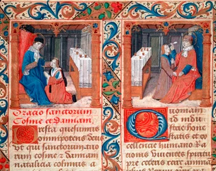 Arzt operiert am Schädel eines Patienten (Trepanation des Schädels). Darstellung der Heiligen Cosmas (Come oder Cosimo) und Damian, Ärzte. Miniatur aus der Handschrift „Statuto della Confraternita dei Santi Cosma e Damiano“. Italienische Gotik des 16.