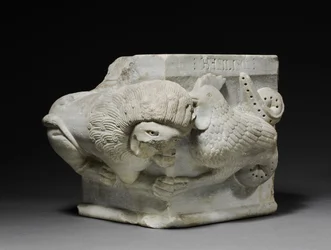 Verzierter Kapitell mit einem Löwen und einem Basilisken, 1175-1200