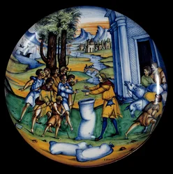 Fayencetasse, die Joseph in Benjamins Tasche darstellt, die Tasse, die er darauf gelegt hatte. Hergestellt von der Manufacture Case Pirota