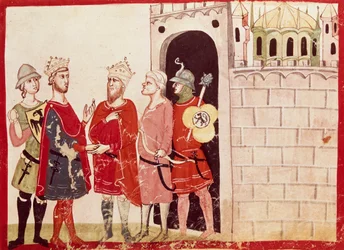 Federico II. erreicht eine Einigung mit dem Sultan von Jerusalem, Miniatur aus den Chroniken von Giovanni Villani, Manuskript, Italien, 14. Jahrhundert