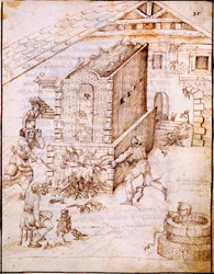 Brennen eines frühen Ofens, ca. 1630er