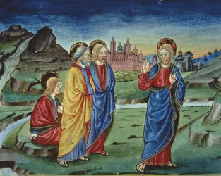 Fol.103v Nach der Verklärung sagt Christus den Aposteln, sie sollen dies erst nach der Auferstehung offenbaren (Detail)