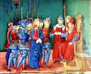 Fol.106v Christus wird als Gefangener vor Anas, den Hohepriester, geführt