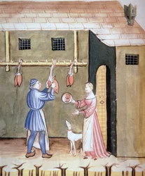 Fol.78v Die Metzger: Verkauf von Tierherzen, aus Tacuinum Sanitatis Codex Vindobonensis