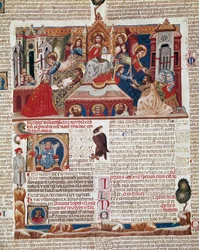 Frontispizseite des Manuskripts „Decretum Gratiani“ (Concordia discordantium canonum) von 1140, das die Gesetze und Kanones der römisch-katholischen Kirche regelt. 14. Jahrhundert, Siena, Biblioteca degli Intronati