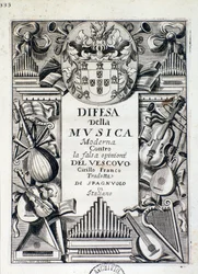 Frontispiz der Verteidigung der modernen Musik: gegen die falsche Meinung von Bischof Cirillo Franco, von König Jakob IV. von Portugal