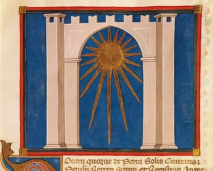 Tor der Sonne, Miniatur aus dem Register der Notare von Perugia, Manuskript, Italien, 14. Jahrhundert
