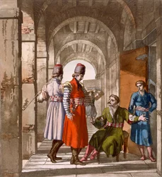 Georgische Männer, die sich in einem Bogengang unterhalten und rauchen, ca. 1820er-30er Jahre