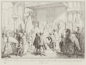 Die Veroneser Gesandten überreichen die Schlüssel und Standarten ihrer Stadt als Zeichen der Unterwerfung (Gravur)