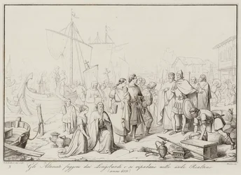 Die Altinati fliehen vor den Langobarden und suchen Zuflucht auf den Realtine-Inseln, 639 (Gravur)