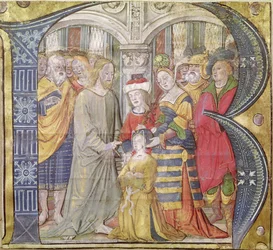 Historisierte Initiale B, die Christus zeigt, wie er eine besessene Frau heilt