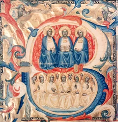 Historiierte Initiale B, die die Dreifaltigkeit und Christus umgeben von Engeln zeigt, Bologneser Schule, ca. 1340-50