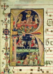 Historisierte Initiale R, die die Auferstehung, zwei Ritterheilige und einen Bischofsheiligen zeigt, der Reliquien empfängt