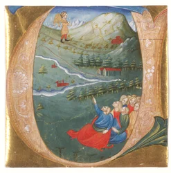 Illustrierte Initiale, die Elisa im Mantel von Elija zeigt, Ausschnitt aus einem Antiphonar, ca. 1440