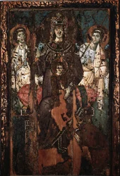 Ikone der Jungfrau der Barmherzigkeit oder Madonna Theotokos, Malerei in Enkaustik und Tempera, 8. Jahrhundert, Kirche Santa Maria in Trastevere
