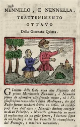 Illustration der Geschichte von Giambattista Basile (1575-1632) „Poucet et Poucet (Nennillo e Nennella)“ aus dem Buch „Pentamerone“, Tag V, Geschichte 8. Ausgaben von Neapel 1754