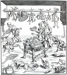 Innenansicht einer italienischen Küche, nach einem Holzschnitt in Banchetti compositioni di Vivende von Christoforo di Messisburgo, veröffentlicht 1549