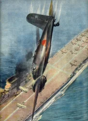 Kamikaze-Flieger Abe greift einen britischen Flugzeugträger an, Illustration aus 