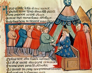 Ritter schwören Karl dem Großen (742-814) die Treue, aus einem venezianischen Kodex