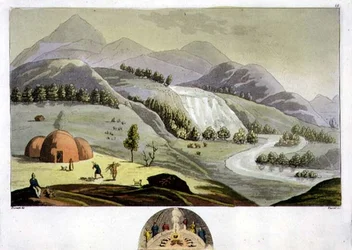 Lappenlandschaft mit der Behausung eines Fischers und einem Querschnitt dieser Hütte, Tafel 49 aus der 