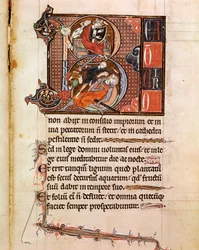Lettrine B dekoriert mit der Darstellung von König David, der Psalter spielt und Goliath besiegt. Seite aus dem Manuskript 