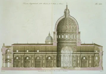 Längsschnitt des Petersdoms in Rom, Tafel 26 aus Teil III von Die Geschichte der Nationen, gestochen von G. Lago