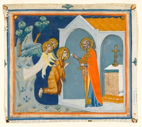 St. Maria Magdalena in der Wildnis um Aix, von Engeln zu St. Maximin getragen, der ihr die letzte Kommunion verabreicht, um 1330