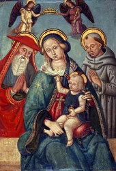 Madonna mit Kind, gekrönt von zwei Engeln, mit St. Hieronymus und St. Franziskus