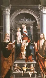 Madonna mit Kind, das eine Rose vom kleinen St. Johannes dem Täufer erhält, mit Heiligen und Engeln von M.B. (Monogramm)
