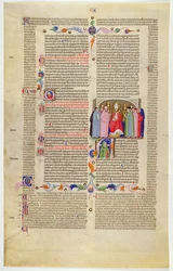 Marlay Cutting IT.10: Blatt mit Miniatur aus Gratians Decretum, das den Erzbischof zwischen Klerikern und Laien thronend zeigt